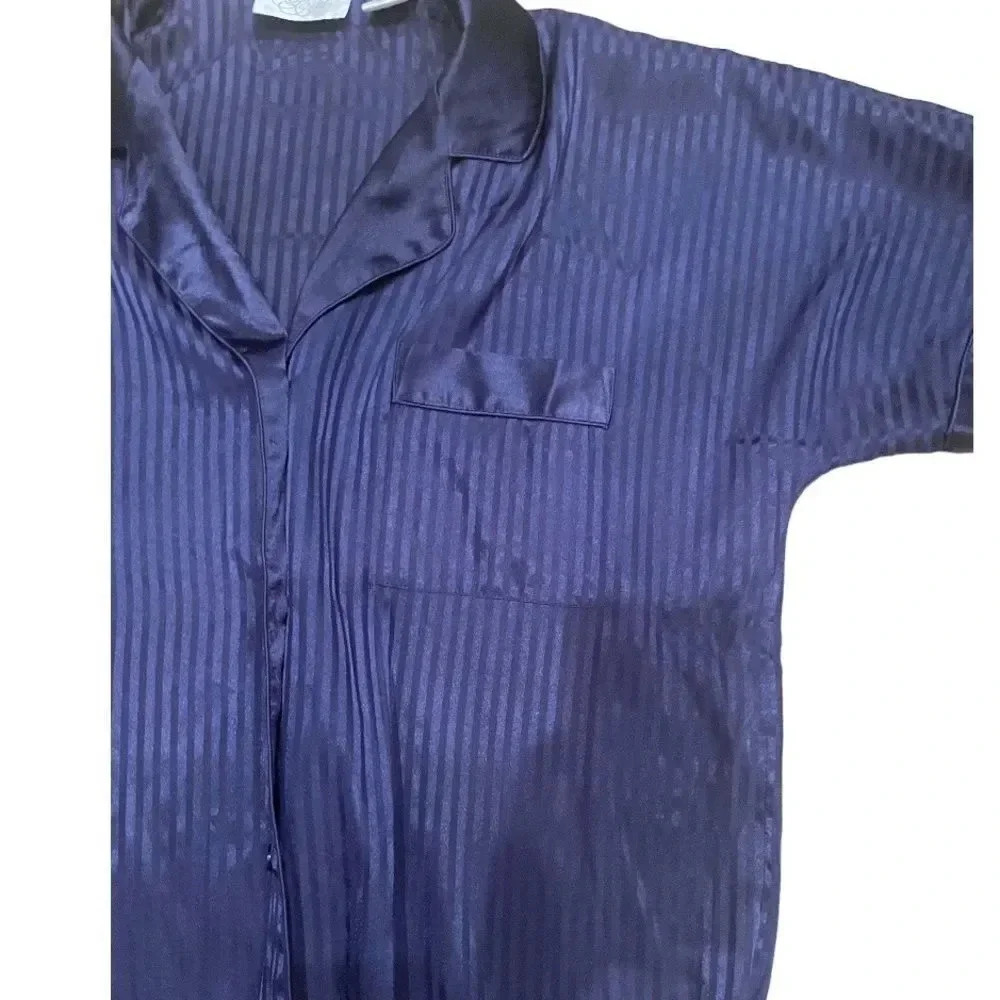 SATIN BLUE JACQUARD SEMI SHEER OVERSIZED BUTTON UP COLLARED SLEEP SHIRT SIZE S - Picture 11 of 16